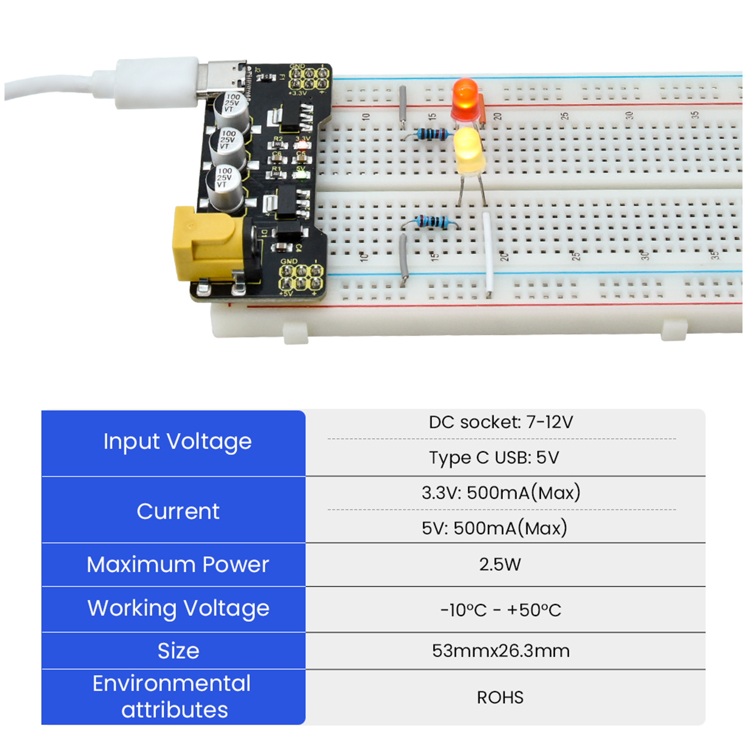 KEYESTUDIO Type-C Power Supply - Breadboard Jumper Wires Power Supply Kit 评论和价格